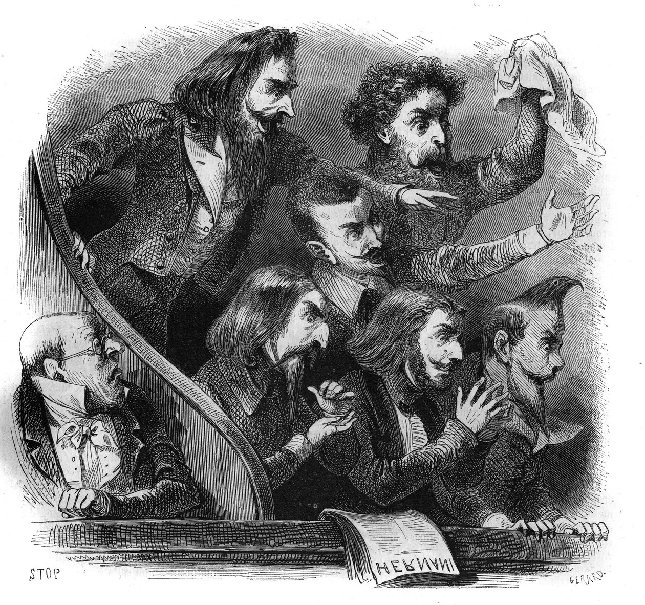 Medlemmer af den romantiske litterære bevægelse, der overværede den første repræsentation af Victor Hugos værk "Hernani" (1802-1885) ved Comedie Francaise i Paris, 25. februar af French School
