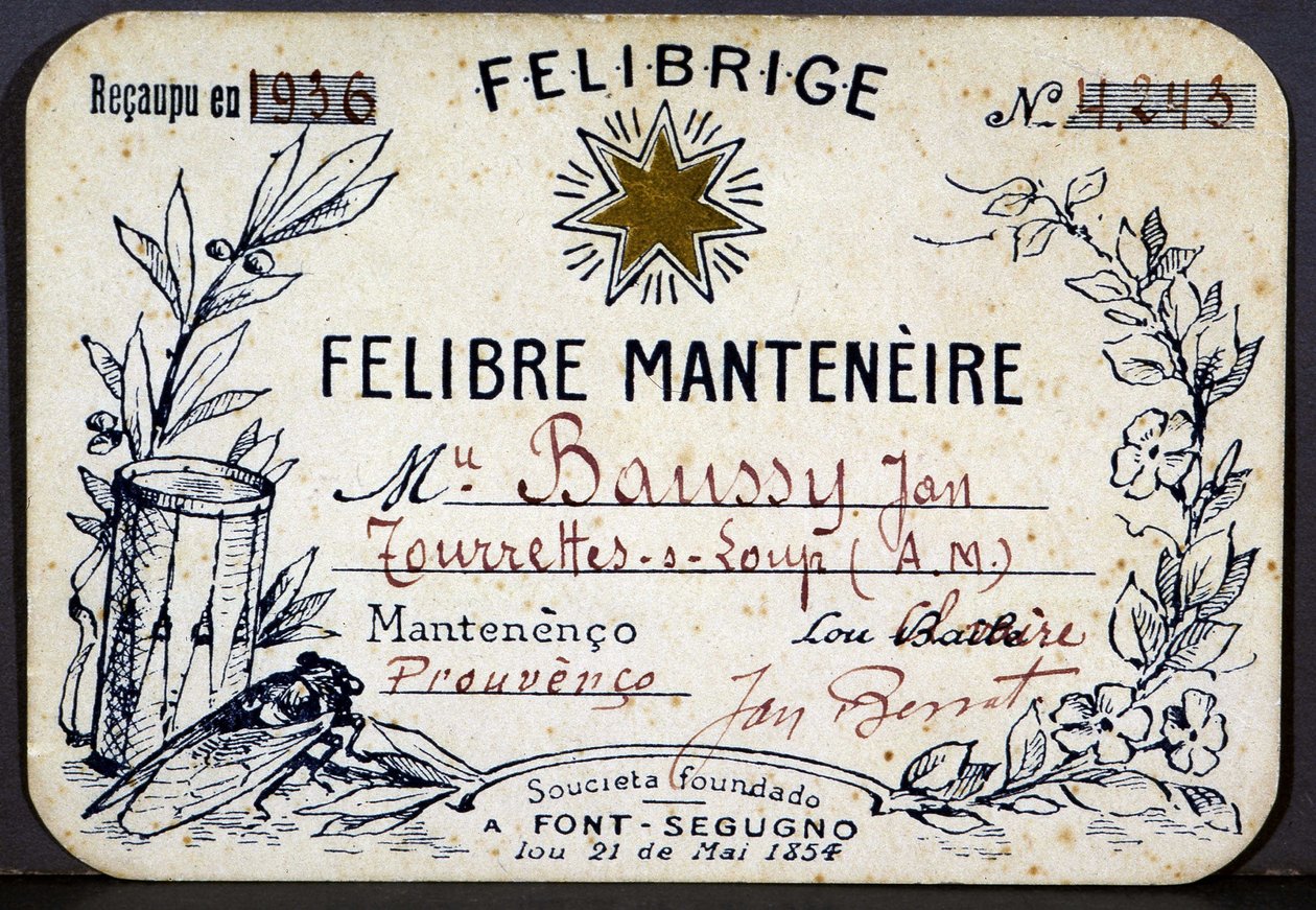 Medlemskort af Jan Baussy ved Felibrige, Felibre Foreningen af French School