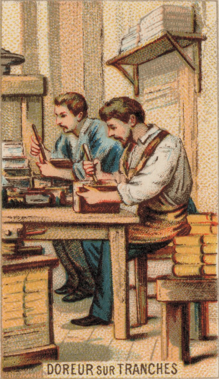 Mænd forgylder bøger med guld (chromolitho) af French School