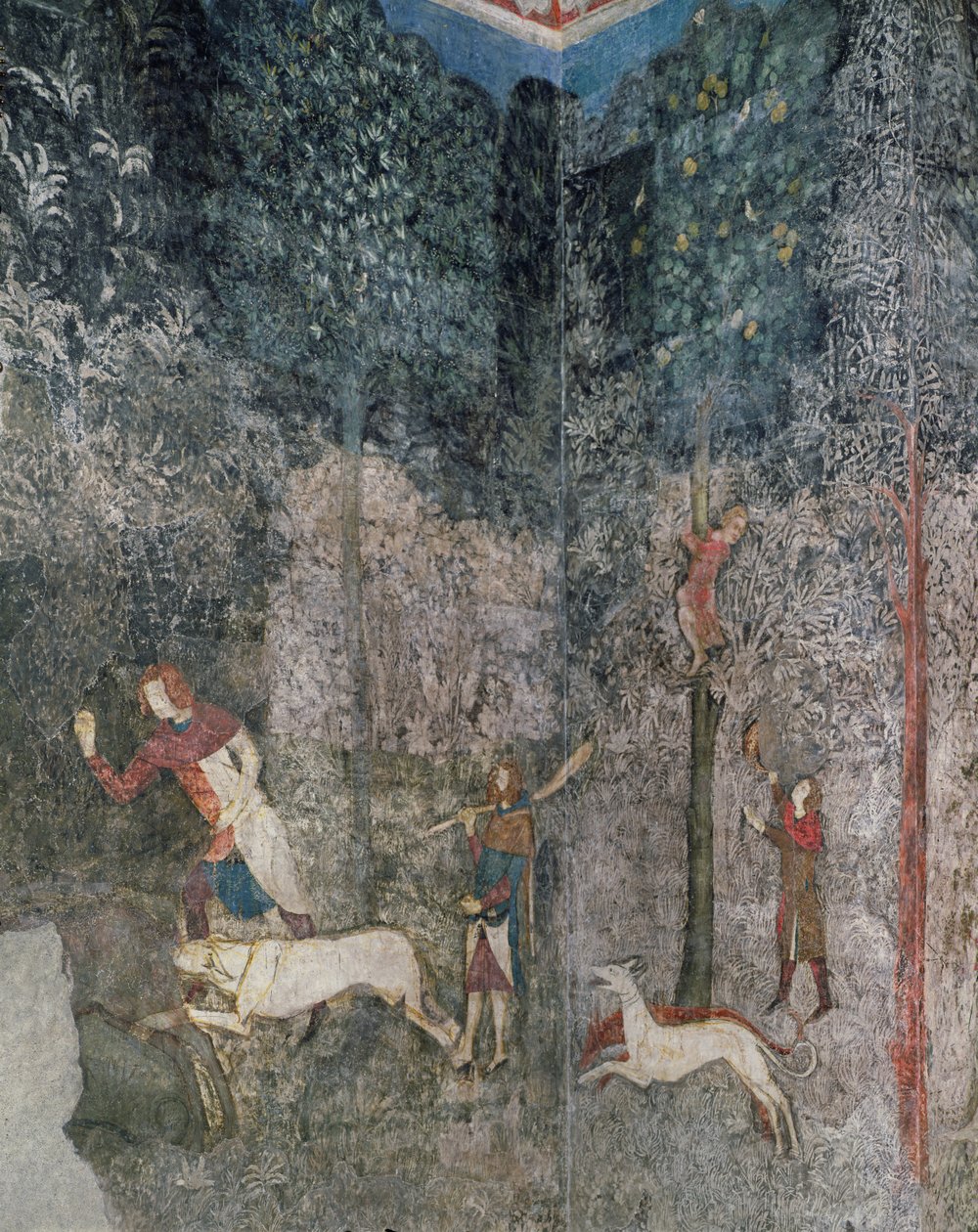 Mænd på jagt med hunde, detalje fra La Chambre du Cerf (Stag Room) 1343 af French School