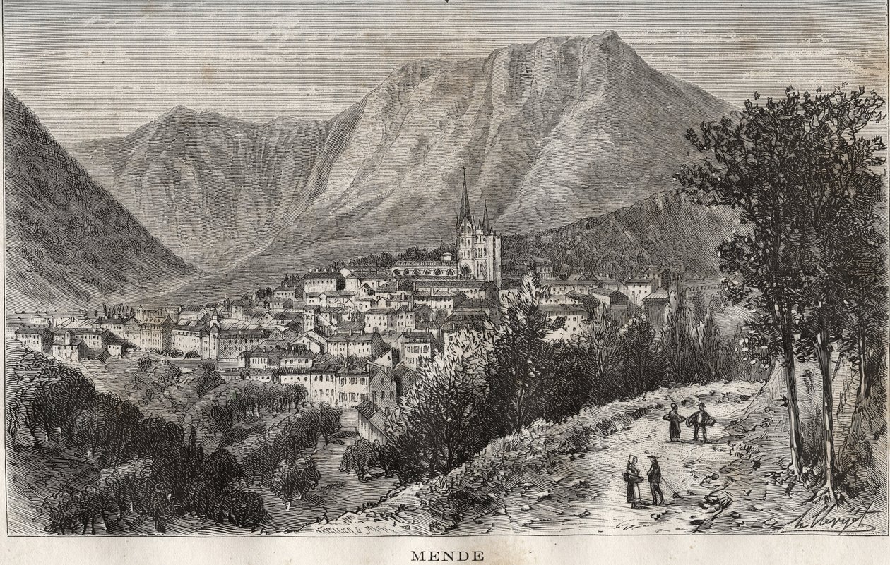 Mende - Lozere i Languedoc-Roussillon-regionen - indgravering i "La France illustrée: geografi, historie, statistisk administration" af V.-A. Malt brun. 1884 af French School