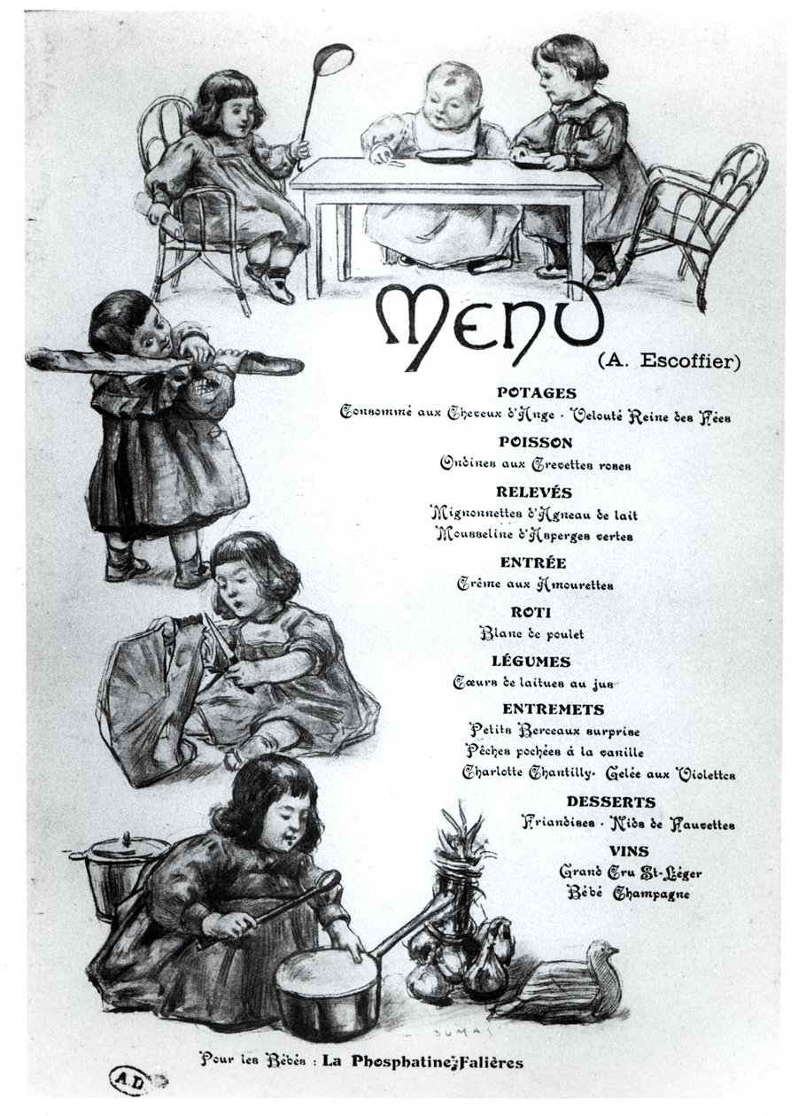 Menu skabt af Auguste Escoffier (1846-1935) for børn og babyer, ca. 1900 af French School
