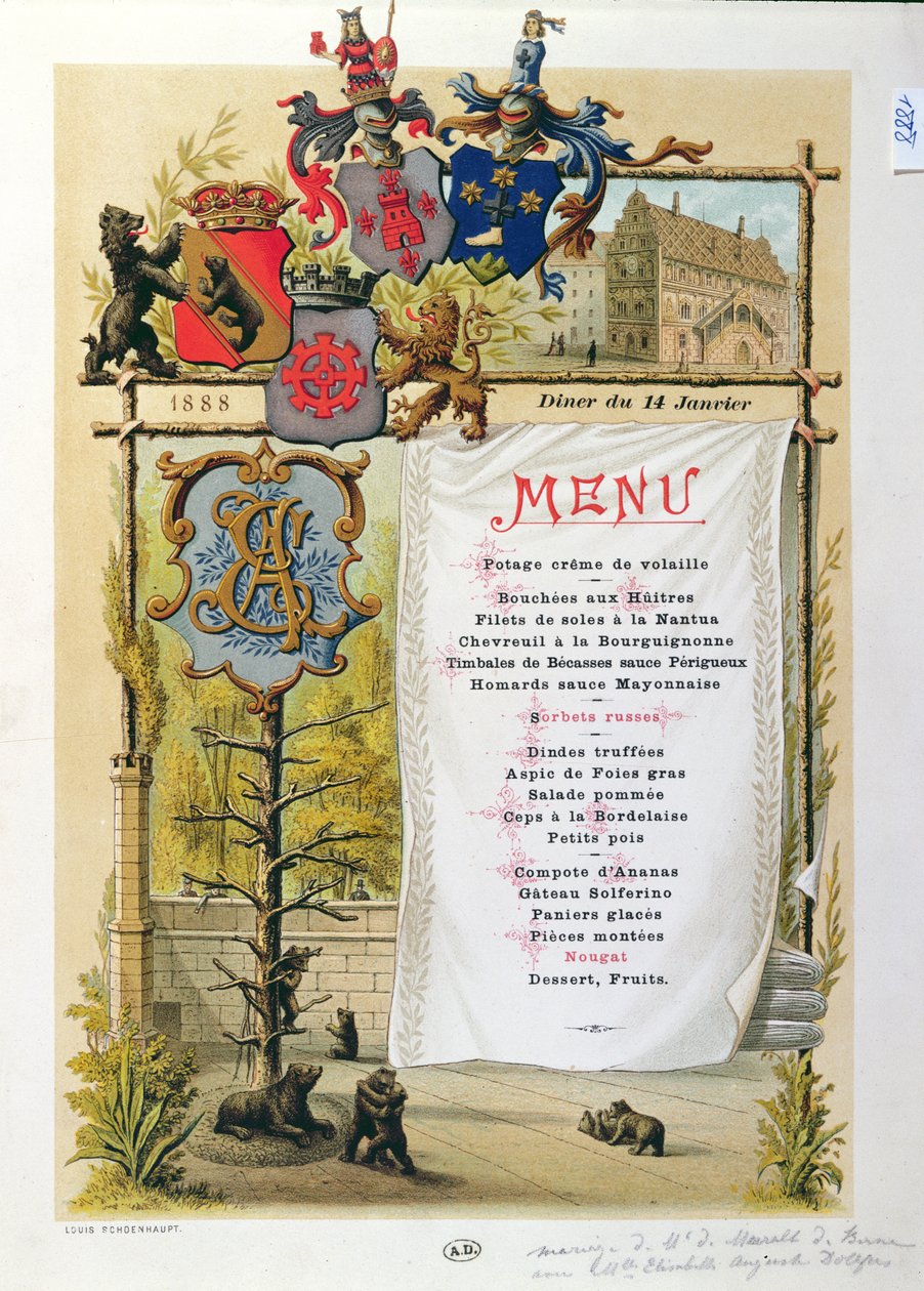 Menu, muligvis fra Le Bernois, 14. januar 1888 af French School