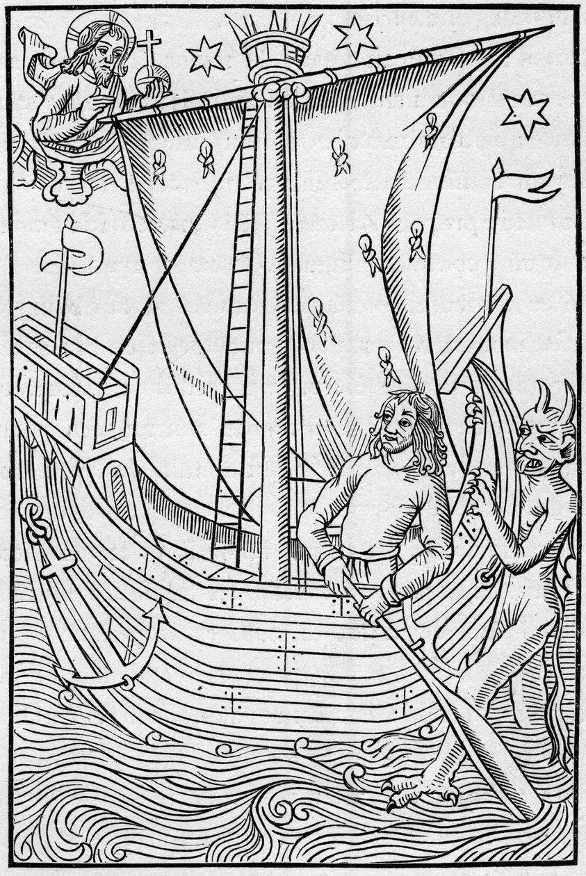 Middelalderens handelsskib midt i havets farer. Gravering i "La Marine et les kolonier: handel" af French School