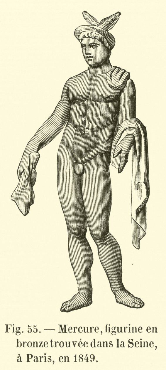 Merkur, bronzefigur fundet i Seinen i Paris i 1849 (gravering) af French School