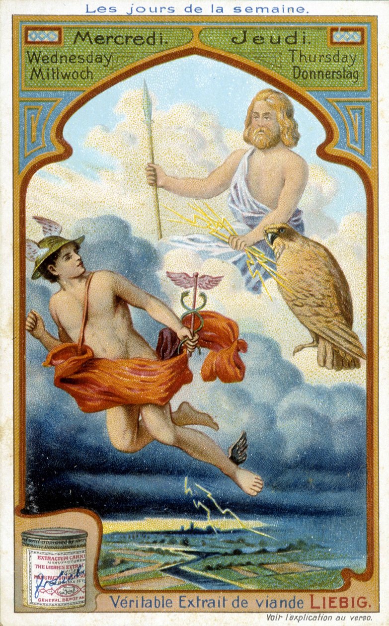 Merkur og Jupiter spiller onsdag og torsdag. 1800-tallets reklame for "Det sande Liebig-kødekstrakt". af French School