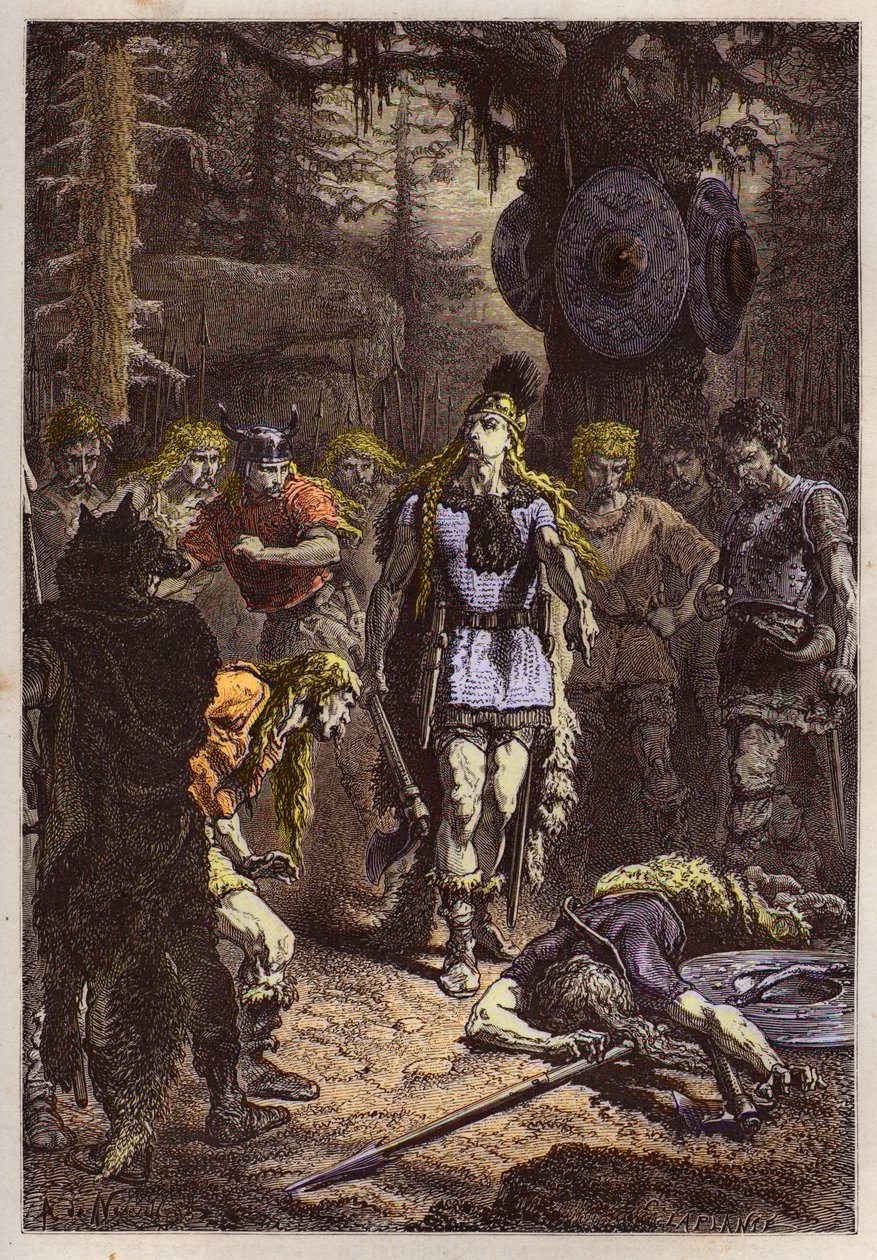 Merovingiens: Clovis 1er, der skød soldaten ned, der havde knust Soissons vase, da 486 - Clovis (465-511) og den frankiske kriger, der knækkede Soissons Vase i 486 - gravering fra "" L