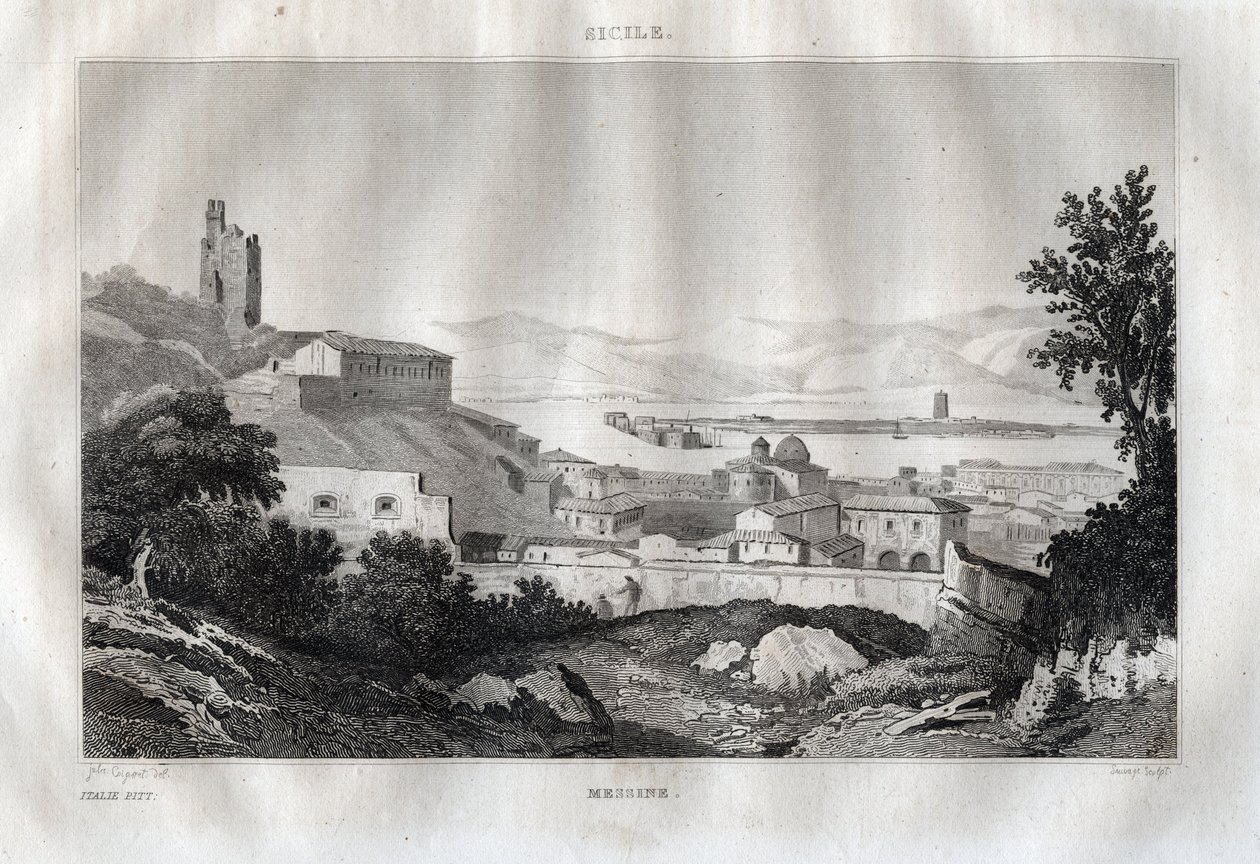 Messina - Messina - Sicilien - Sicilien - Sicilien - Indgravering fra "" Italy Picturesque" - Historisk og beskrivende maleri af Italien" af M. de Norvins, Ch. Nodier 1834-1836. af French School