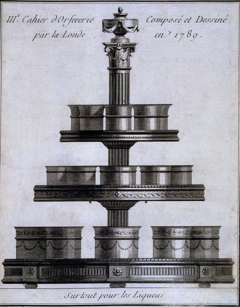Metalværk: et sæt likørkopper på stativ, 1780-96 af French School
