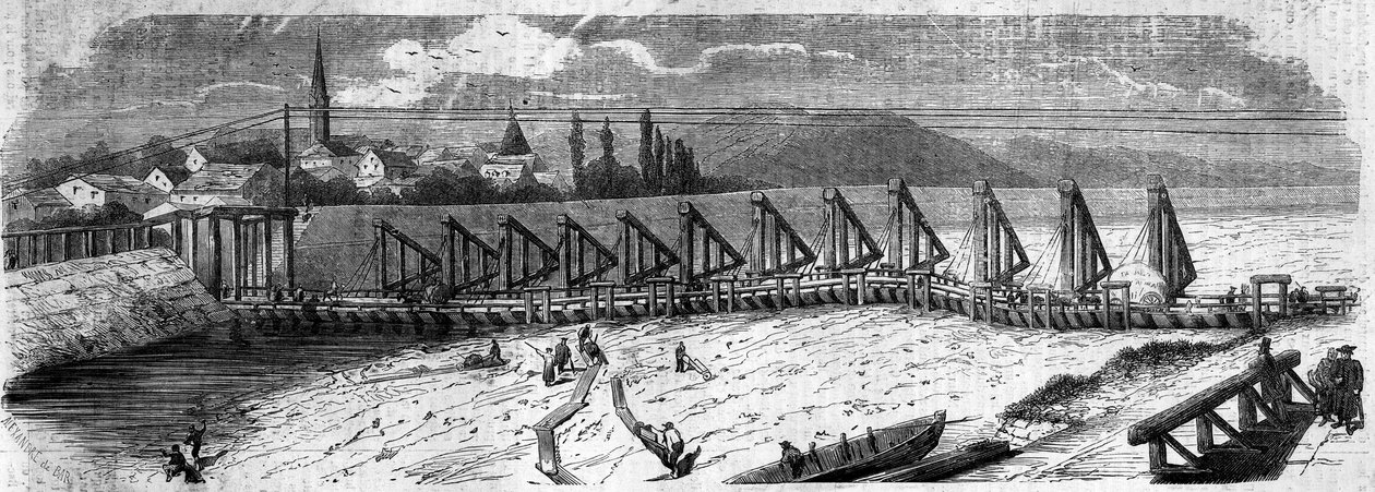 Meteorologisk fænomen: udtørring af Rhinen i 1858. Udsigt over Kehl-broen (Tyskland), taget nedstrøms for den franske kyst. Indgravering i "" Le Monde Illustré"" nr. 50 af 27. marts 1858. af French School