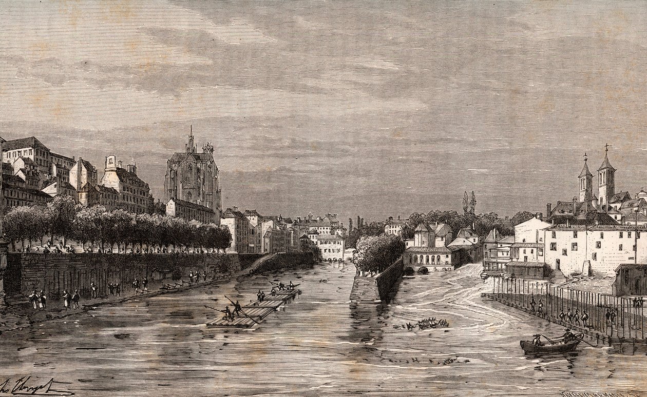 Metz - udsigt over havnen Saint-Georges - Mosel - indgravering i "La France illustrée: geografi, historie, statistisk administration" af V.A. Malt-Brown. 1884 af French School