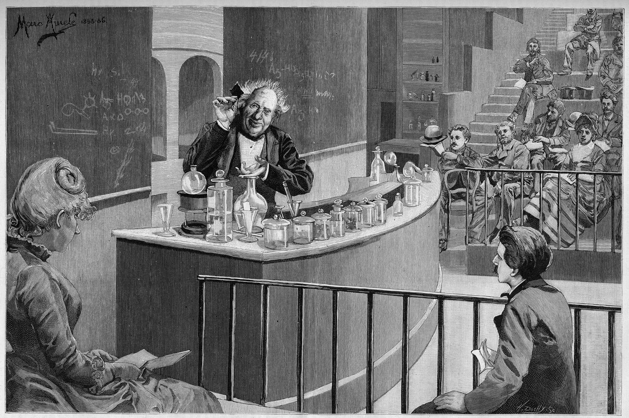 Michel Eugene (Michel-Eugene) Chevreul (1786-1889) gav sin kemidomstol i amfiteateren på Museum of Natural History i Paris, I "" den illustere verden"" 1886. af French School