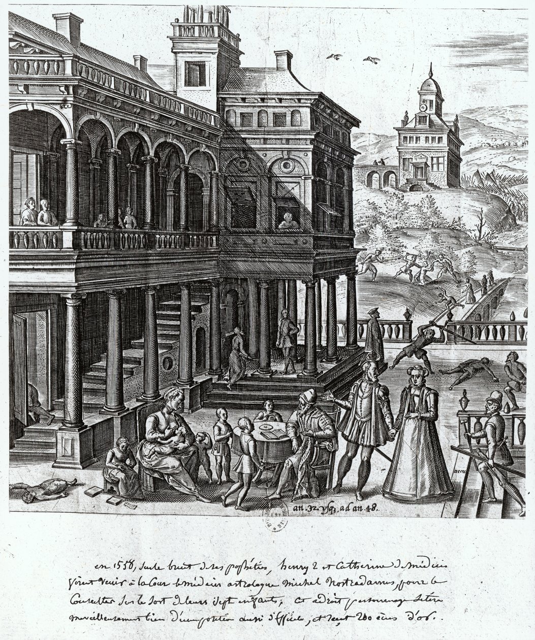 Michel de Nostradame (1503-66) bliver konsulteret om skæbnen for de syv børn af Catherine de Medici (1519-89) og Henri II (1519-59) 1548 af French School