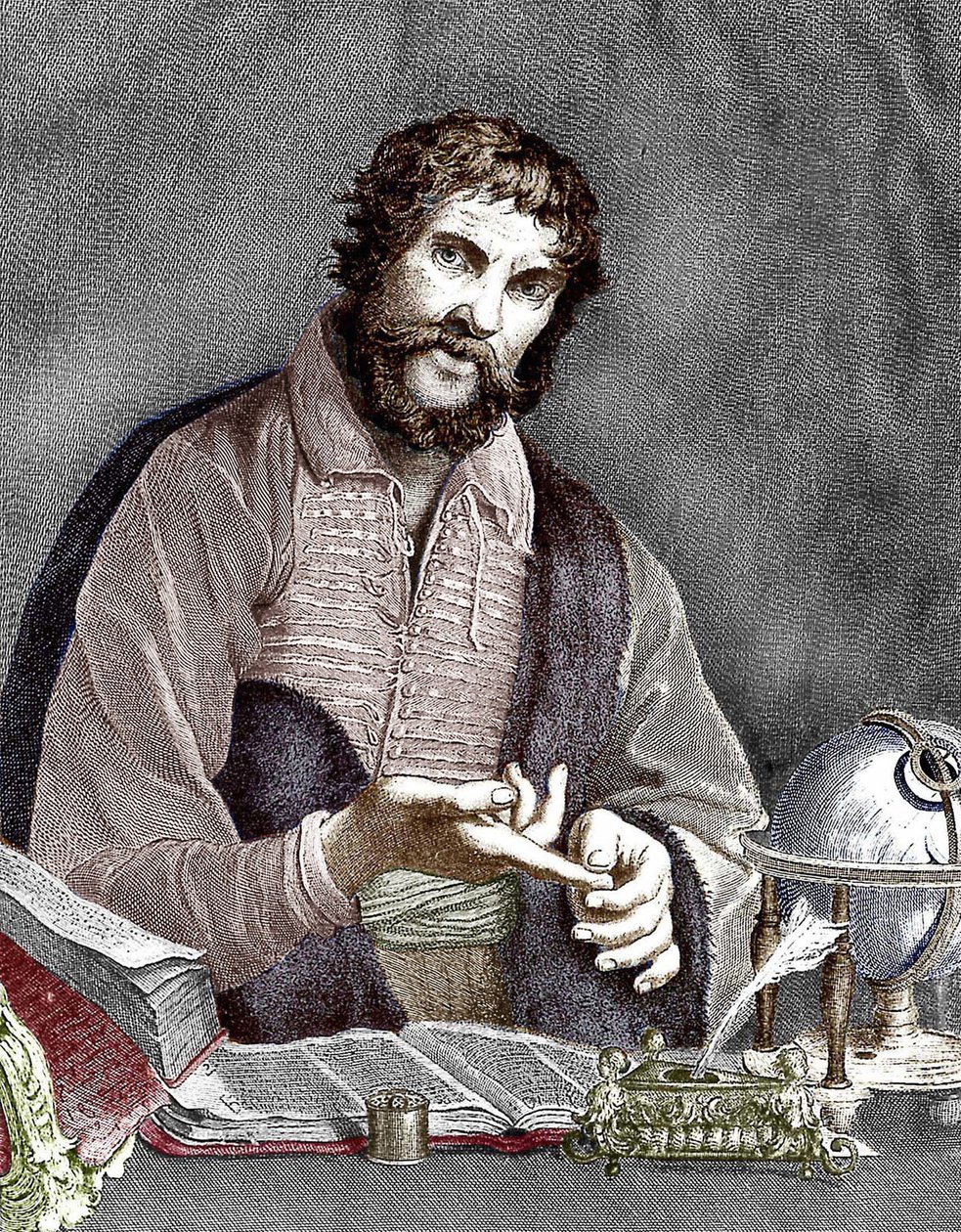 Michel de Nostredame, alias Nostradamus (1503-1566) fransk astrolog og læge, gravering, farvelagt dokument af French School