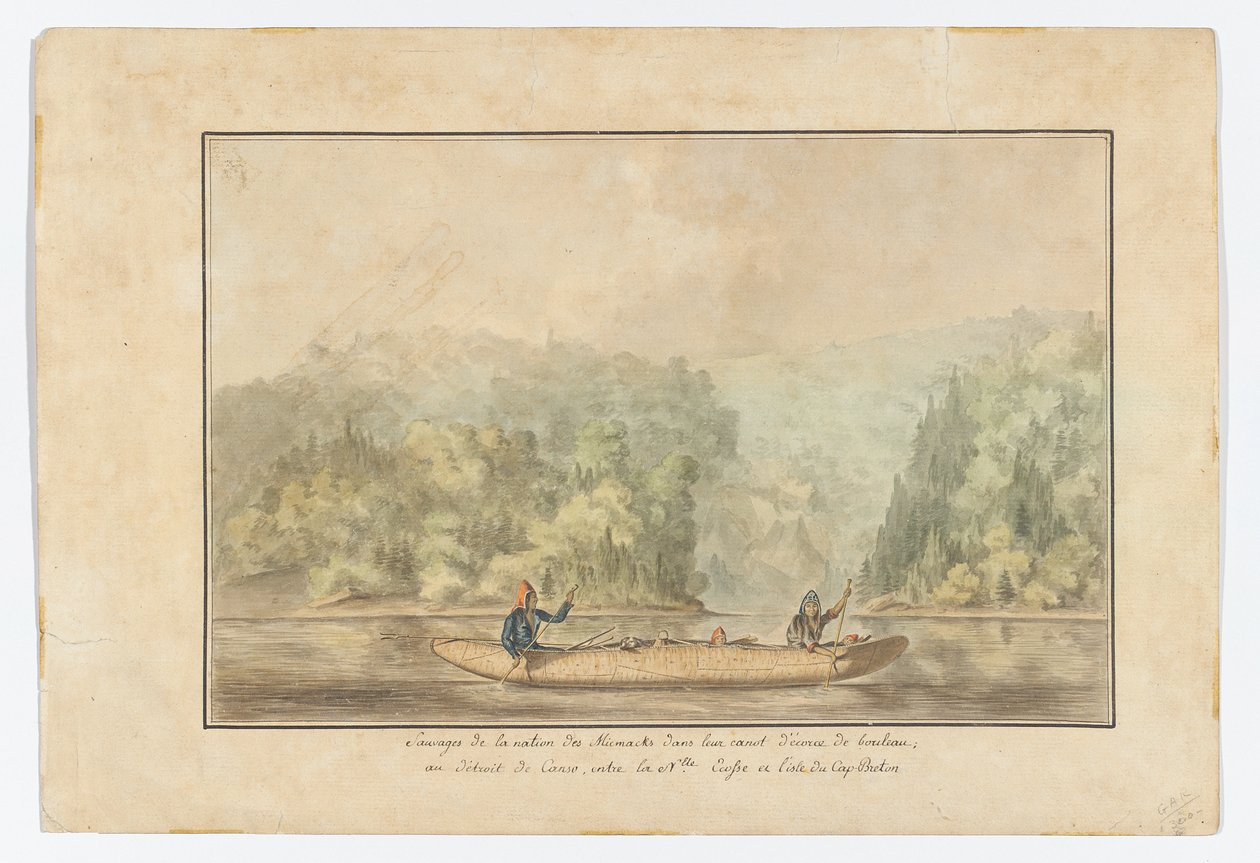 Micmacks in their birchbark canoe; Strait of Canso between Nova Scotia in the island of Cape Bretondani af French School