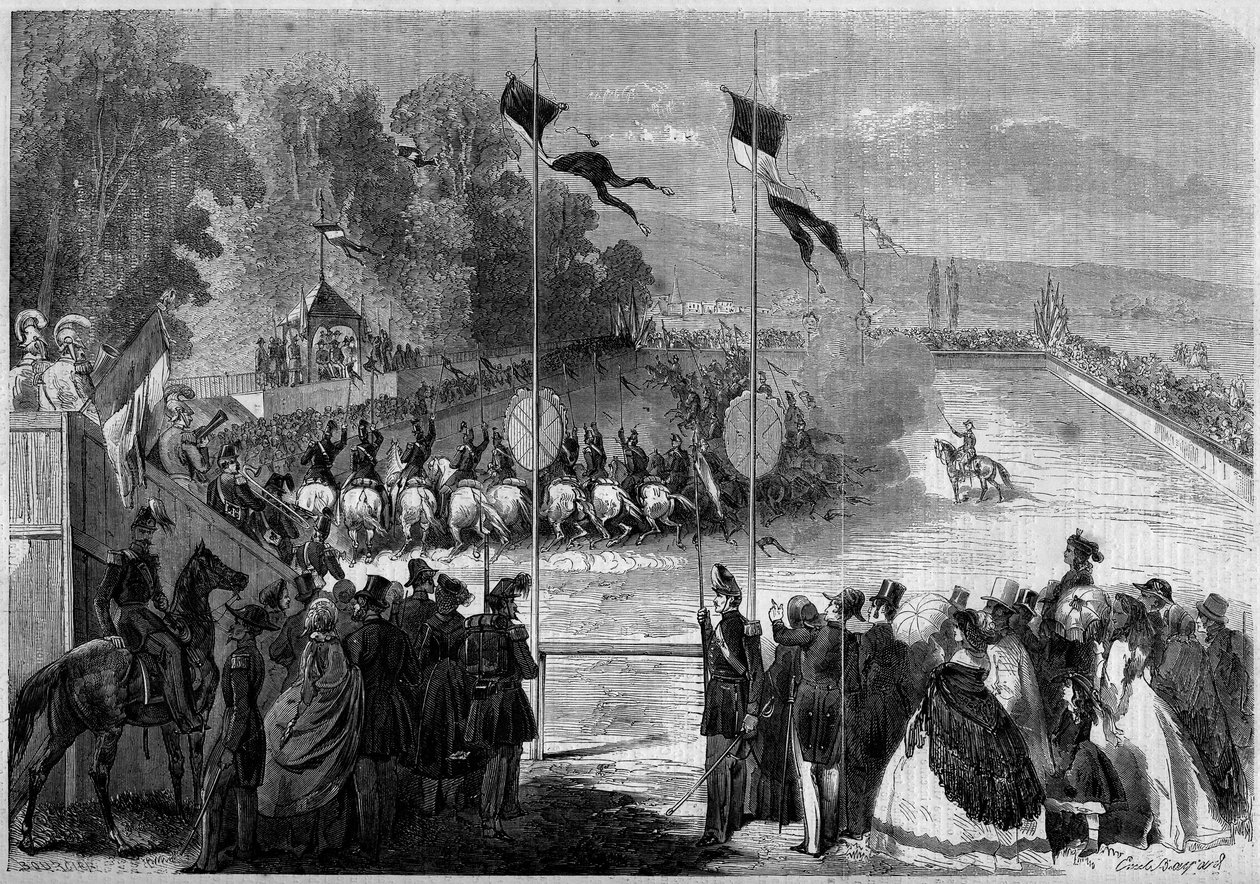 Militær karrusel udført af eleverne i Saint Cyr (Saint-Cyr). Morbihan (56), 31. august 1861. Indgravering i "" Le Monde Illustré"" nr. 230 af 7. september 1861. af French School