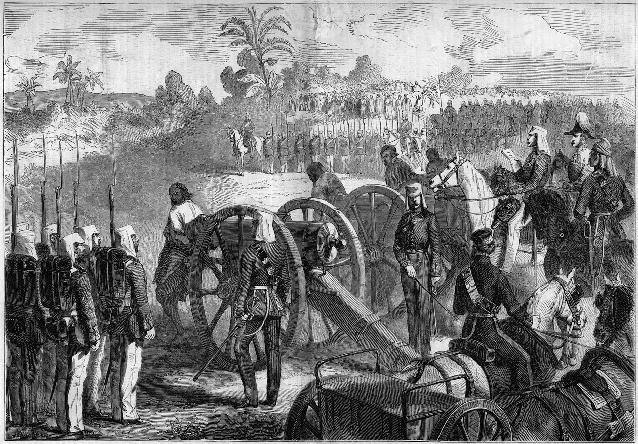 Militær henrettelse af indiske oprør af den engelske hær. Fange bliver bundet til munden på våben, før de bliver henrettet. Indien af French School