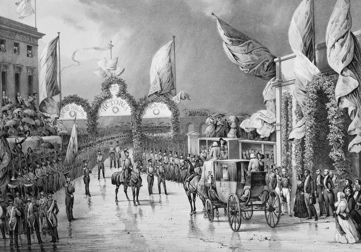 Militær hæder til King a Gosport - Louis Philippe 1. (1773-1850), konge af franskmændene, prins Albert (1819-1861) og Victoria (1819-1901), dronning af England på Gosport Station under Louis-Philippes officielle rejse til Storbritannien (1844) - Louis-Phil af French School