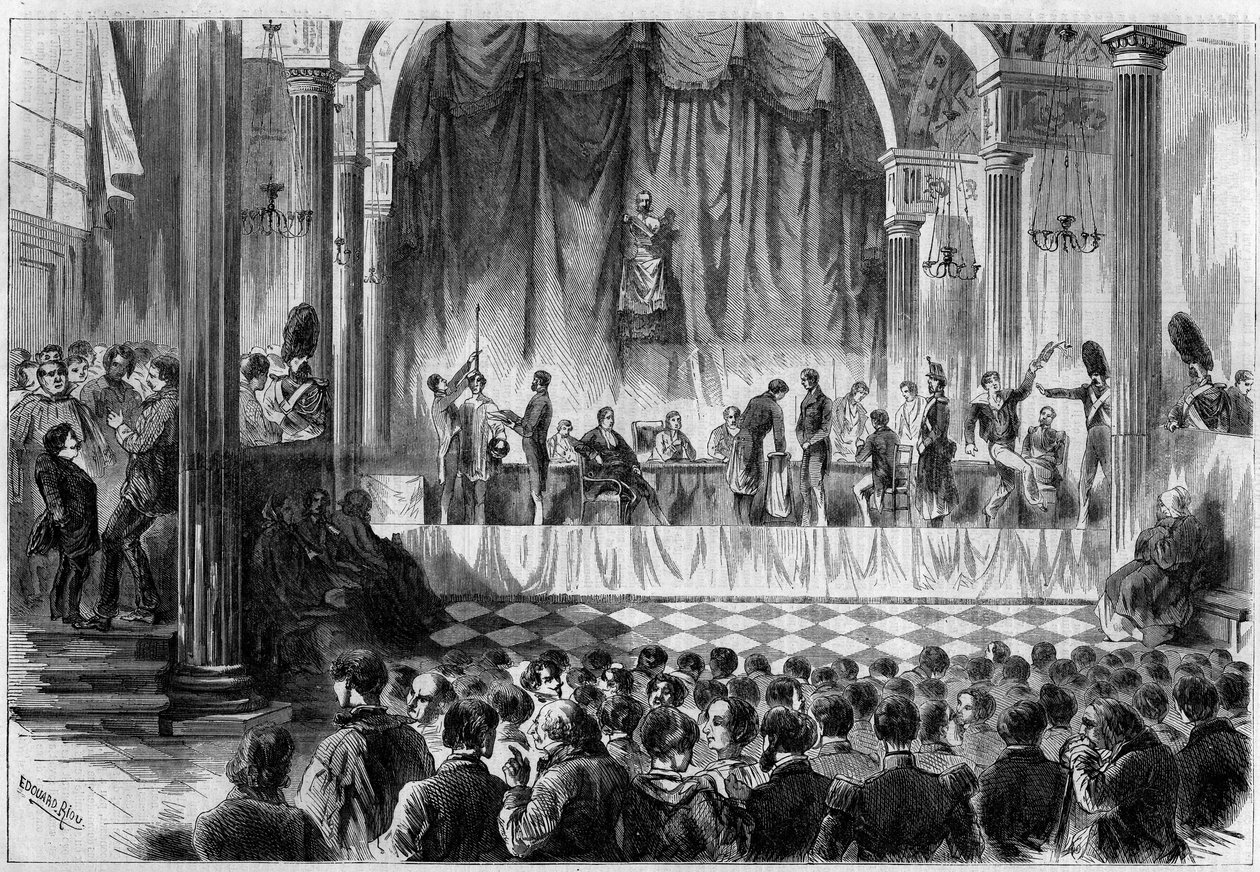 Militær rekruttering: lodtrækning om værnepligtige fra 1858 i Saint Jean-værelset på Hotel de Ville i Paris. Indgravering i "" Le Monde Illustré"" nr. 44 af 13. februar 1858. af French School