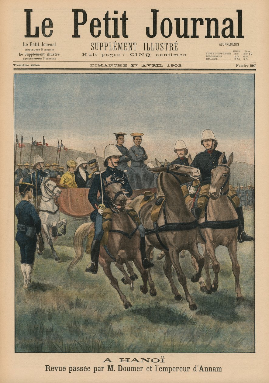 Militær anmeldelse af Paul Doumer, generalguvernør i Fransk Indokina, og kejser af Annam, Thanh Thai, i Hanoi, forsideillustration fra Le Petit Journal, Supplement Illustre, 27. april 1902 ( af French School