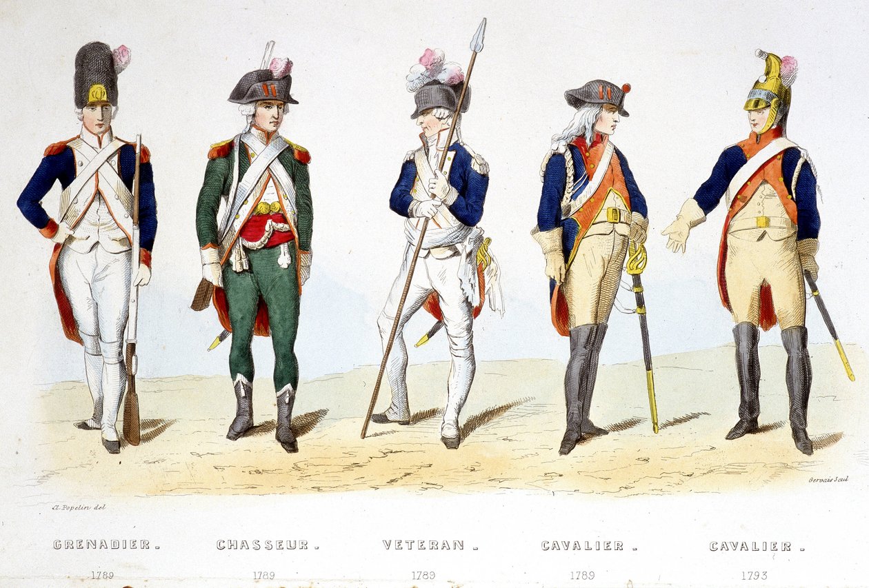 Militæruniform under revolutionen 1789: grenader (1789), jæger (1789), veteran (1789), rytter (1789), rytter (1793) - i "Fasttes de Gardes nationales de France" af French School