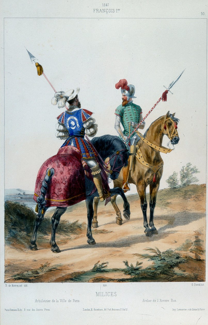 Militære uniformer: militser under Francois I, armbrøst af byen Paris og bueskytte af det bageste forbud i 1547. Litografi af det 19. århundrede. af French School