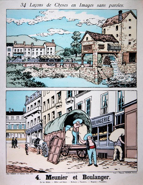 Miller og Baker, illustration fra en folkeskolebog, ca. 1900 (farve litho) af French School