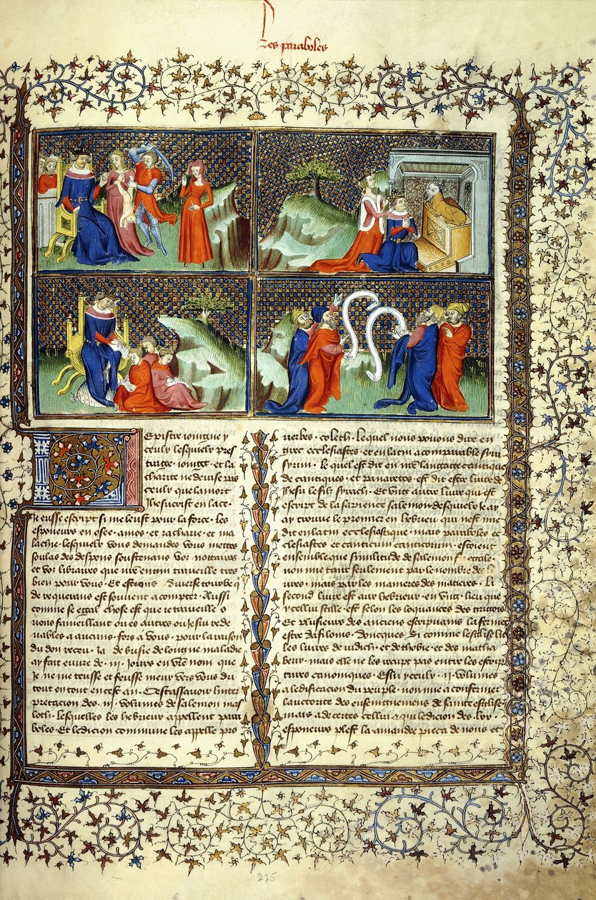 Miniature, der illustrerer mødrenes dom, ankomsten af dronningen af Saba, Salomons undervisning og lægernes disputation, ca. 1410 af French School