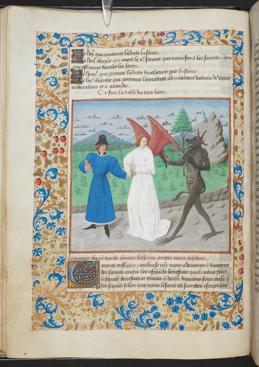 Miniature af en mand med en skytsengel og en djævel Sloane MS 3049 f. 27, c. 1480 (vellum) af French School