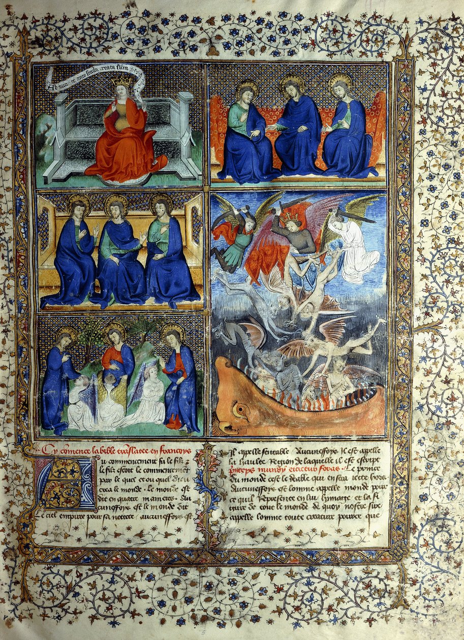 Miniature, der repræsenterer Himmeriget før skabelsen: Sapientia, Treenigheden og Lucifers uddrivelse fra himlen, ca. 1410 af French School