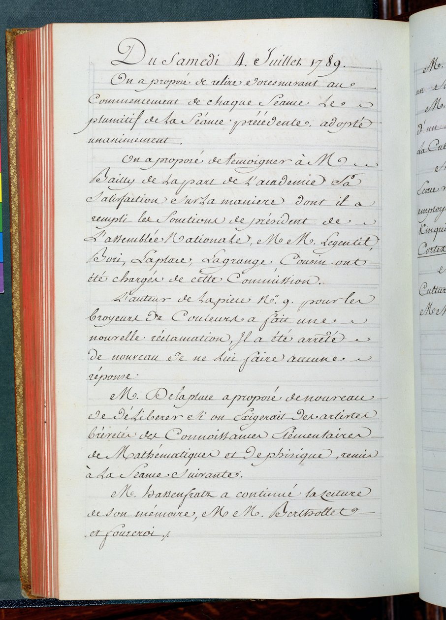 Referat fra et møde i Videnskabsakademiet, 4. juli 1789 (blæk på papir) af French School