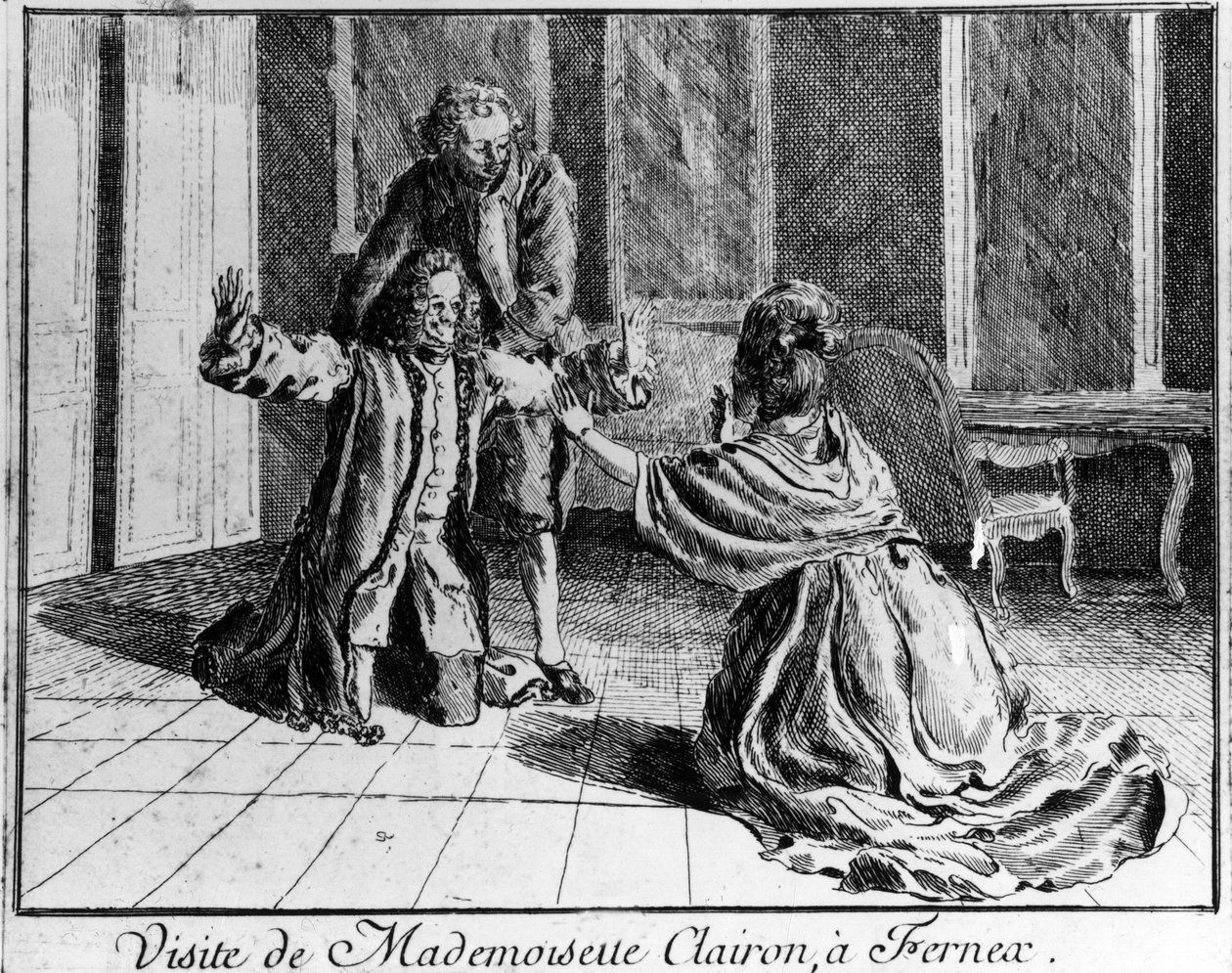 Miss Clairon (Mademoiselle Clairon Josephe Leris de La Ttude dit Mademoiselle Clairon (1723 -1803) Fransk skuespillerinde, besøgte Ferney a Voltaire gravering fra det 18. århundrede. af French School