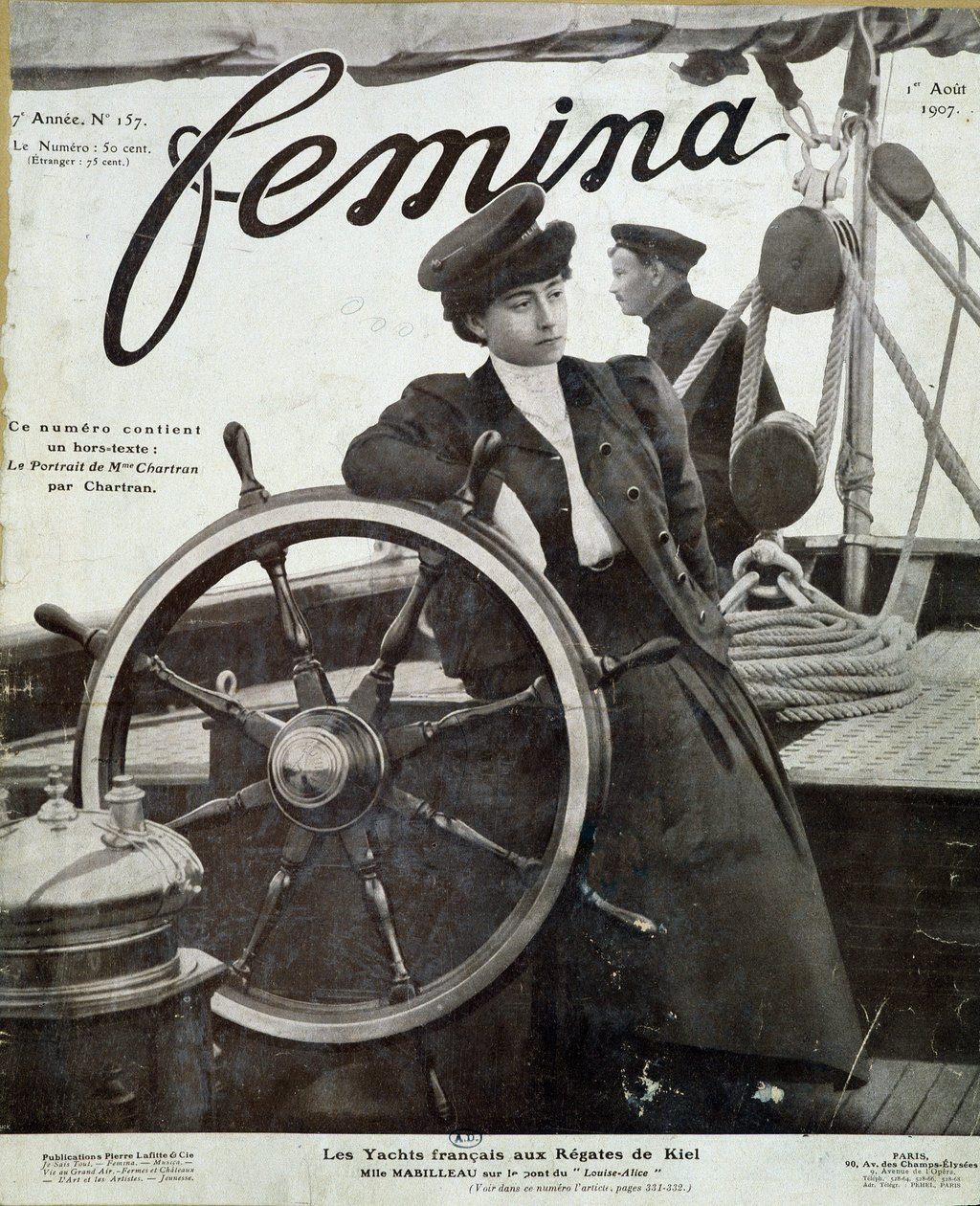 Miss Mabilleau på broen af yachten "" Louise-Alice""" ved Kiel-regattaen - i "" Femina"" af 01/08/1907 af French School