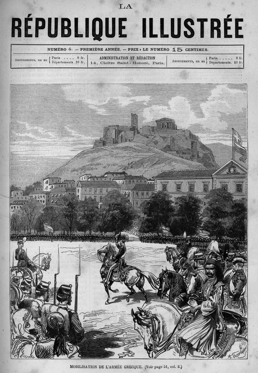 Mobilisering af den græske hær i Athens gader. Du kan se Akropolis og Parthenon. En avis. Indgravering fra 1880 i "La republique illustree"" privatsamling. af French School