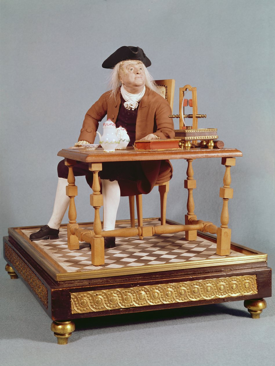 Model af Benjamin Franklin (1706-90) ved hans bord, slutningen af det 18. århundrede af French School