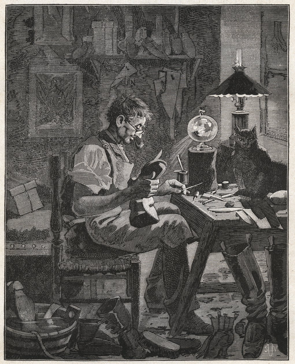 Moderne anvendelse af en skomager af Pila Vitrea. Glaskugle fyldt med vand, der skal placeres mellem en person og den genstand, de overvejer, for at forstørre den og gøre den mere synlig. Indgravering fra 1885 i "" Les arts et metiers illustres"" af A af French School