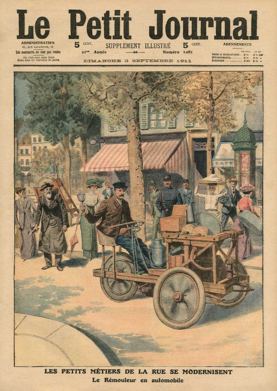 Modernisering af gadejobs, knivsliberen i hans bil, illustration fra 