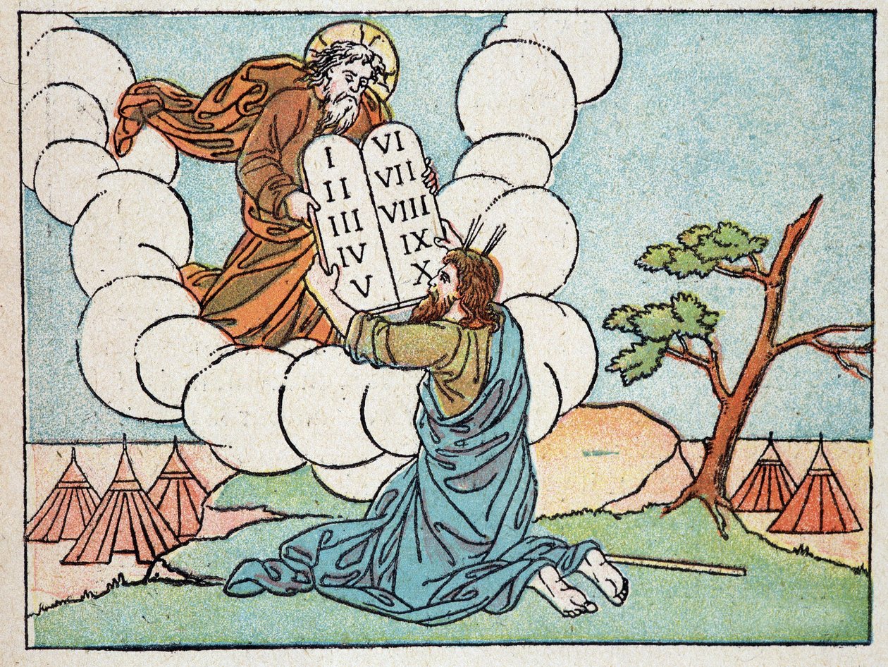 Moses modtager lovens tabeller - i ""Hellig Historie i 120 billeder"", red. House of Good Press, Paris af French School