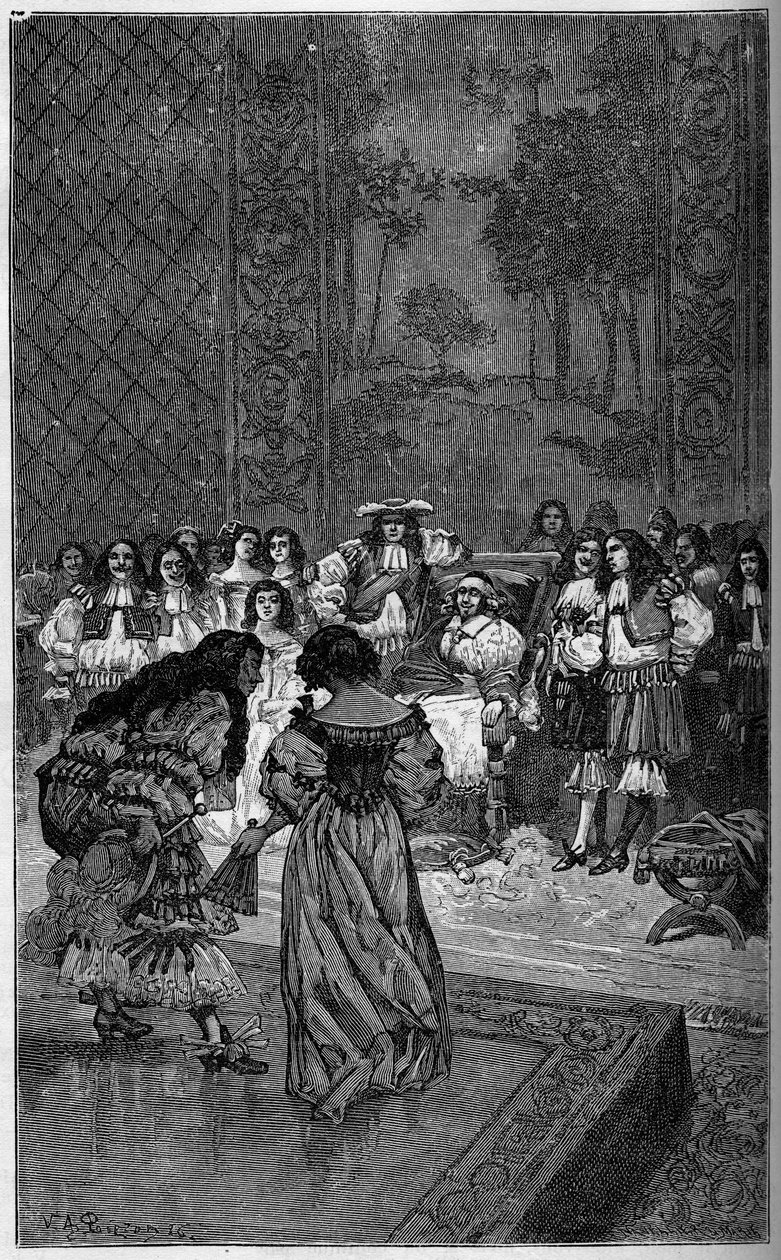 Moliere og hans trup spiller før kong Ludvig XIV og kardinal Jules Mazarin (Giulio Raimondo Mazzarino eller Mazarino) (1602-1661). Indgravering i "The Illustrous World"" 1886. af French School