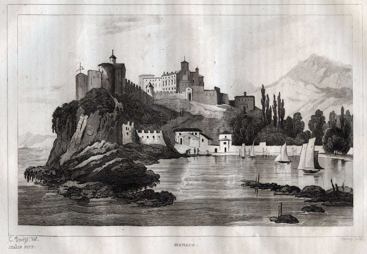 Monaco - Indgravering fra "" Italy Picturesque"" - Historisk og beskrivende maleri af Italien" af M. de Norvins, Ch. Nodier 1834-1836. af French School