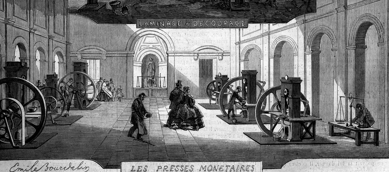 At tjene penge: shop for pengepresser. Indgravering i "" Le Monde Illustré"" nr. 145 af 21. januar 1860. af French School
