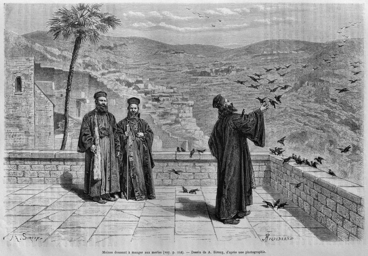 Munk fodrer fugle, klosteret Marsaha, fra Syrien i dag. Rejser i Fønikien, Libanon og Judæa. 1875-1880 af Louis Charles Emile Lortet, 1884 (bw gravering) af French School