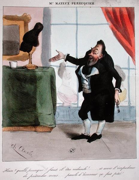 Monsieur Mayeux, parykmageren, ca. 1840 (farve litho) af French School