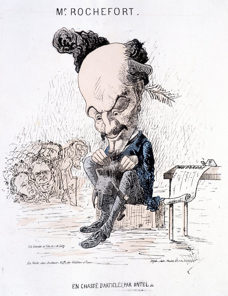 Monsieur Rochefort på jagt efter artikler af Untel. Karikatur om Rochefort og Kommunen. af French School