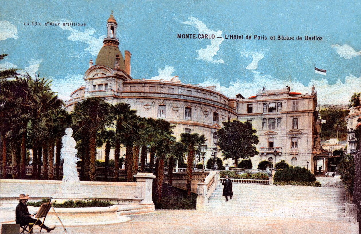 Monte-Carlo, Hotel de Paris og statue af Berlioz - farvelagt postkort fra begyndelsen af det tyvende århundrede af French School