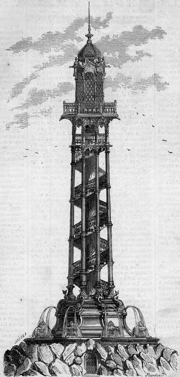 Monumental søjle af den artesiske brønd i Passy af den tyske ingeniør Charles Gosshelf Kind. Indgravering i "" Le Monde Illustré"" nr. 25 af 3. oktober af French School