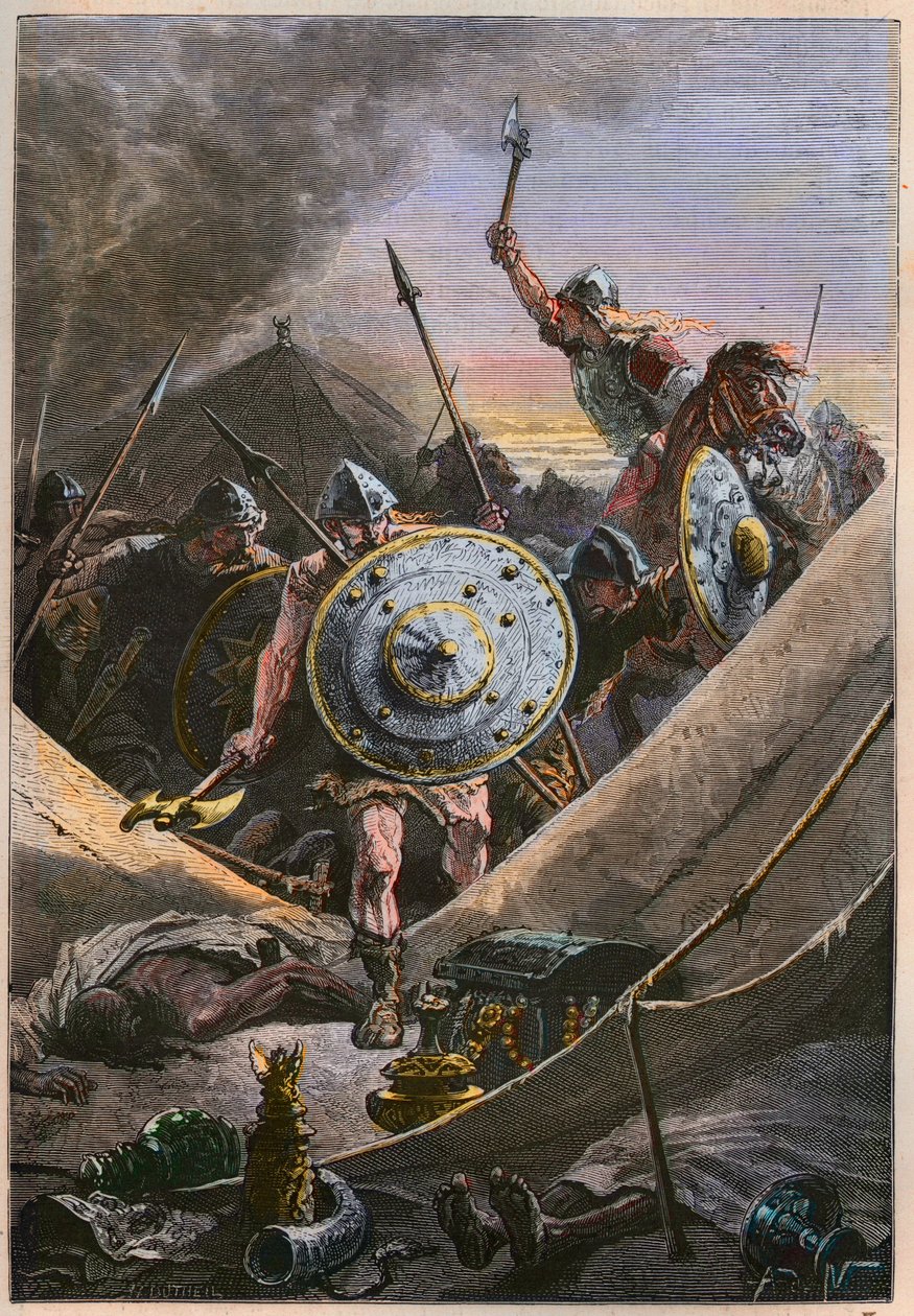 Mauriske invasioner i middelalderen: Francerne ledet af Charles Martel angriber saracenernes militærlejr under slaget ved Tours (slaget ved Poitiers), og stopper den muslimske invasion i år 732 - frankerne under Charles Martel angriber saracenernes lejr af French School