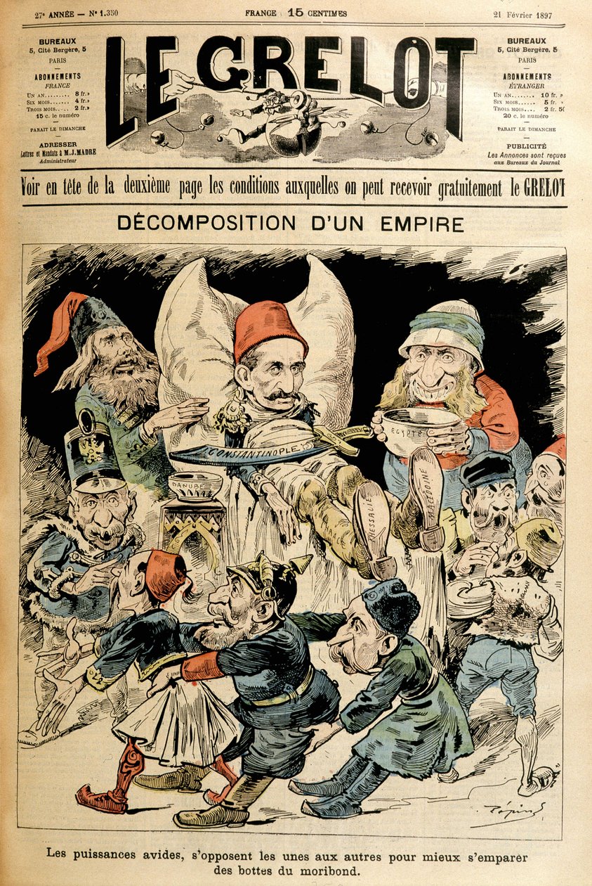 Døende Tyrkiet og fremmede magter kæmper for hans støvler, dækker "" Le Grelot"" 21/2/1897. af French School