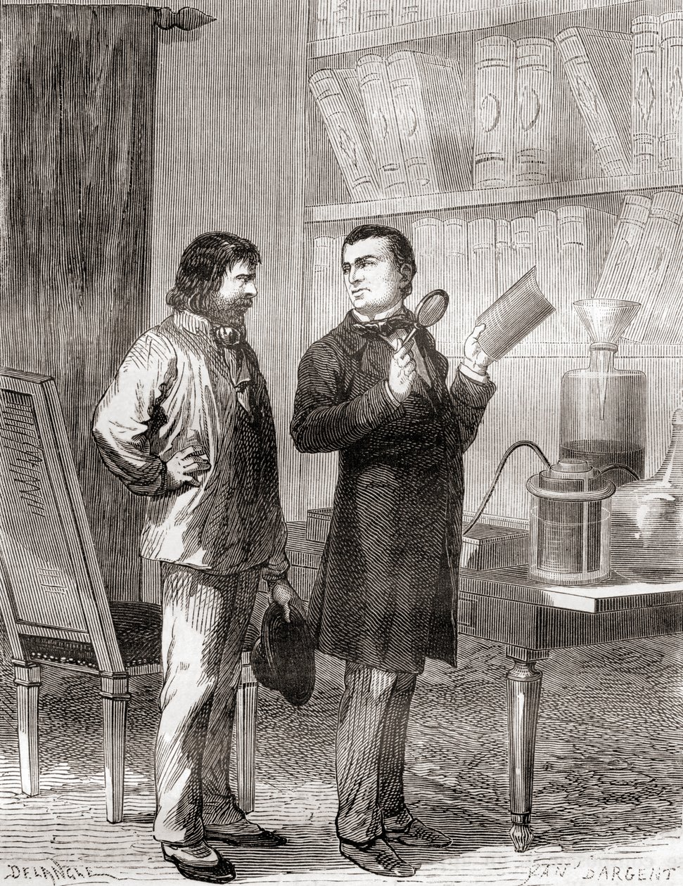 Moritz von Jacobi, til højre, opdager galvanoplast, eller elektrotypning i 1838, fra Les Merveilles de la Science, udgivet ca. 1870 (gravering) af French School