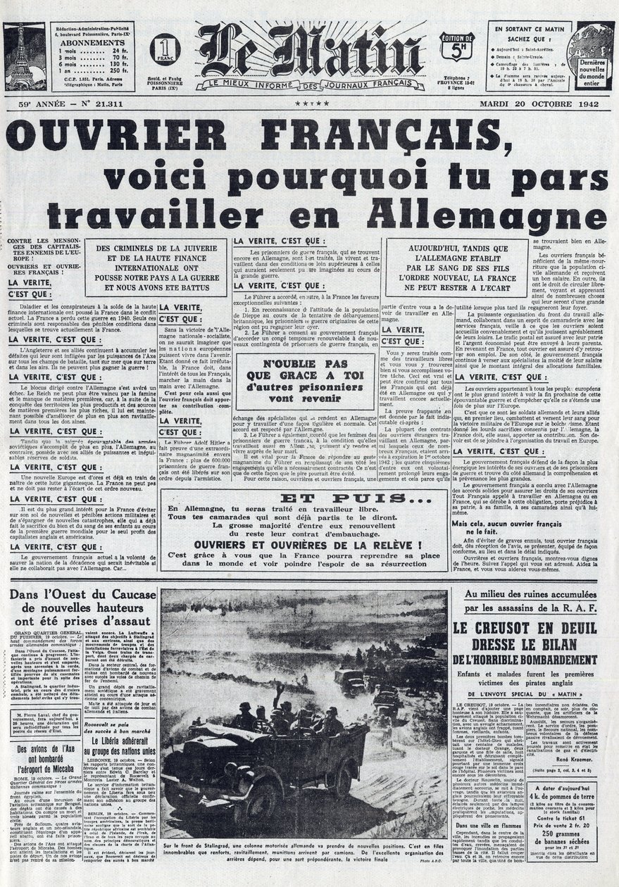 Morgen Journal nr. 21311 af 20. oktober 1942: Sto - Obligatorisk Arbejdstjeneste - Hvorfor gå på arbejde i Tyskland - af French School